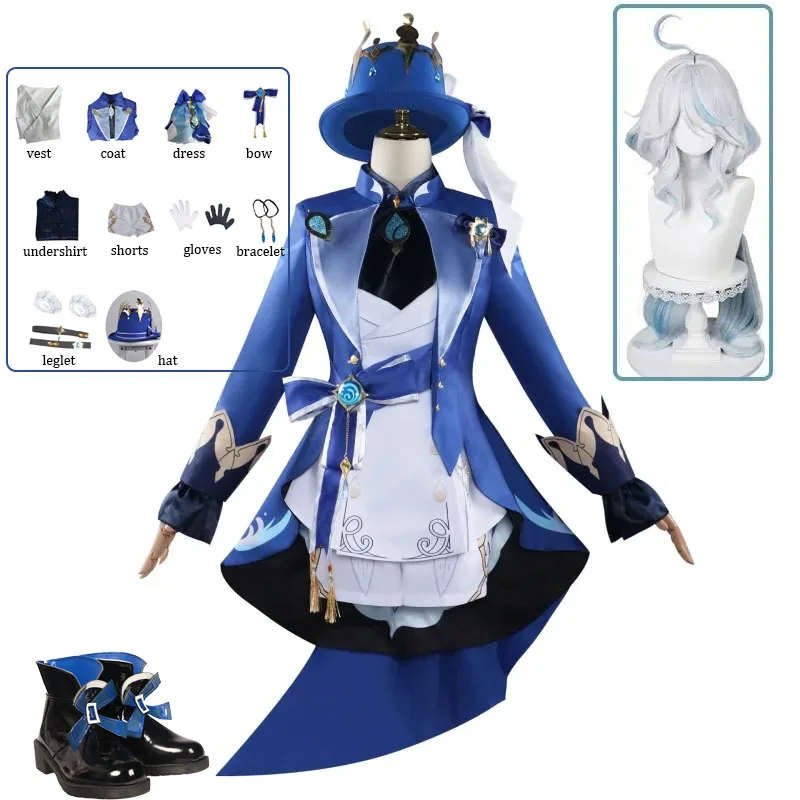 Costume de Cosplay Furina pour Femme, Perruque, Chaussures, Focalors, Fontaine Hydro, Archon, Tenues de ixd'Halloween et de Carnaval