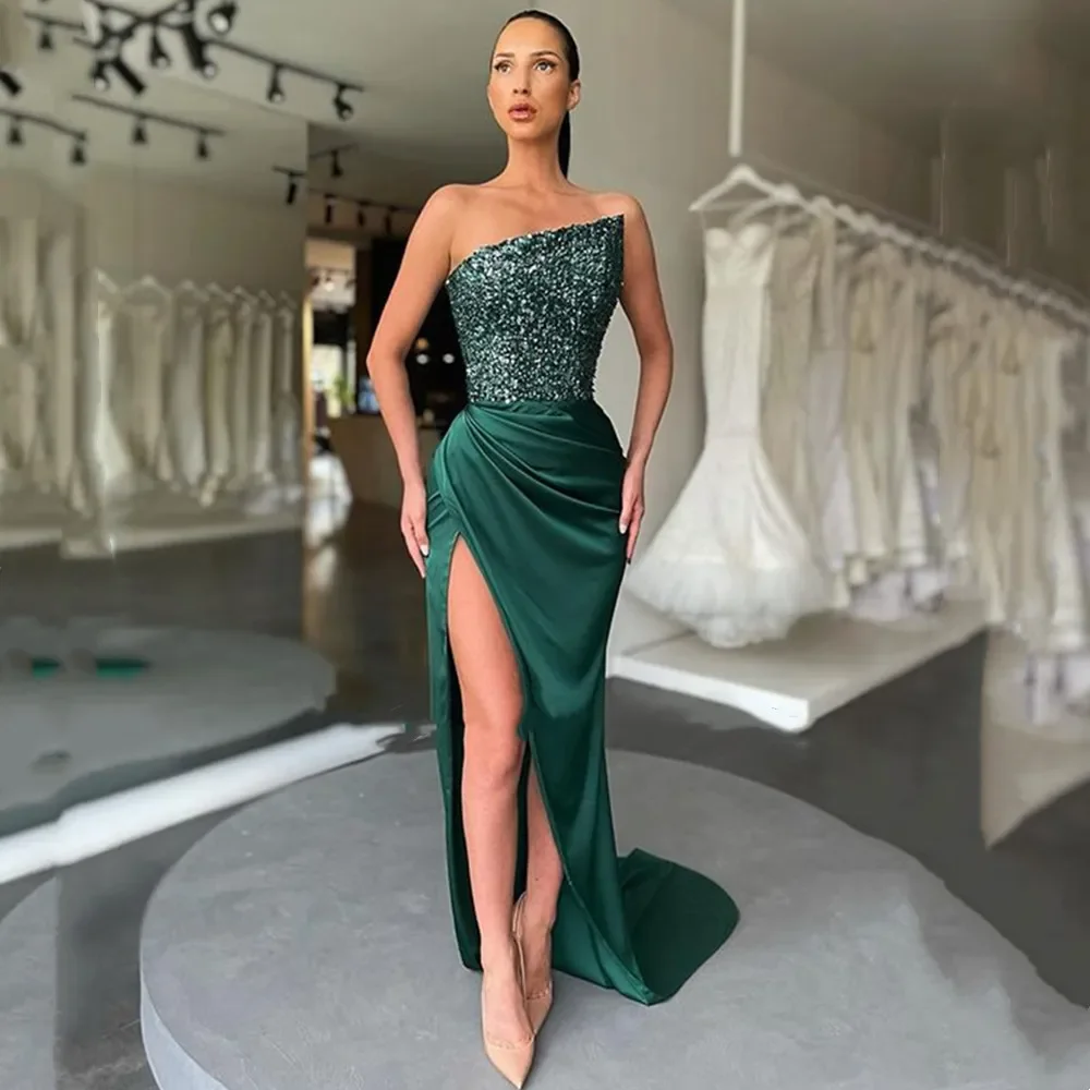 

Elegant Black Green Satin Strapless Women's Dress Luxurious Crystal Sequin Fishtail Slit Floor-Length Cocktail Ball Evening Gown