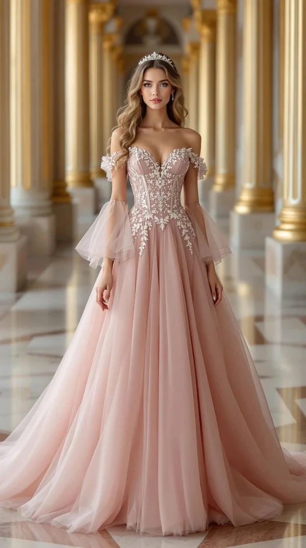 

Customized Prom Dresses Pink Tulle Lace Appliques 3/4 Trumpet Sleeves A Line Sweep Train Women Elegant Evening Gowns