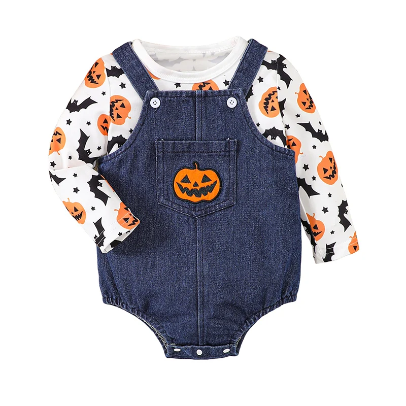 

Baby Halloween Outfits Infant Boys Girls Long Sleeve Bat Pumpkin Print Tops Romper 2Pcs Set Fall Clothes