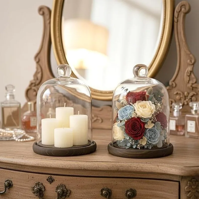 2packs/1pack,Clear Cloche Glass Dome,Display Bell Jar with Top Handle and Rustic Brown Solid Wood Base,Inner Size16cmHx13cm Dia.
