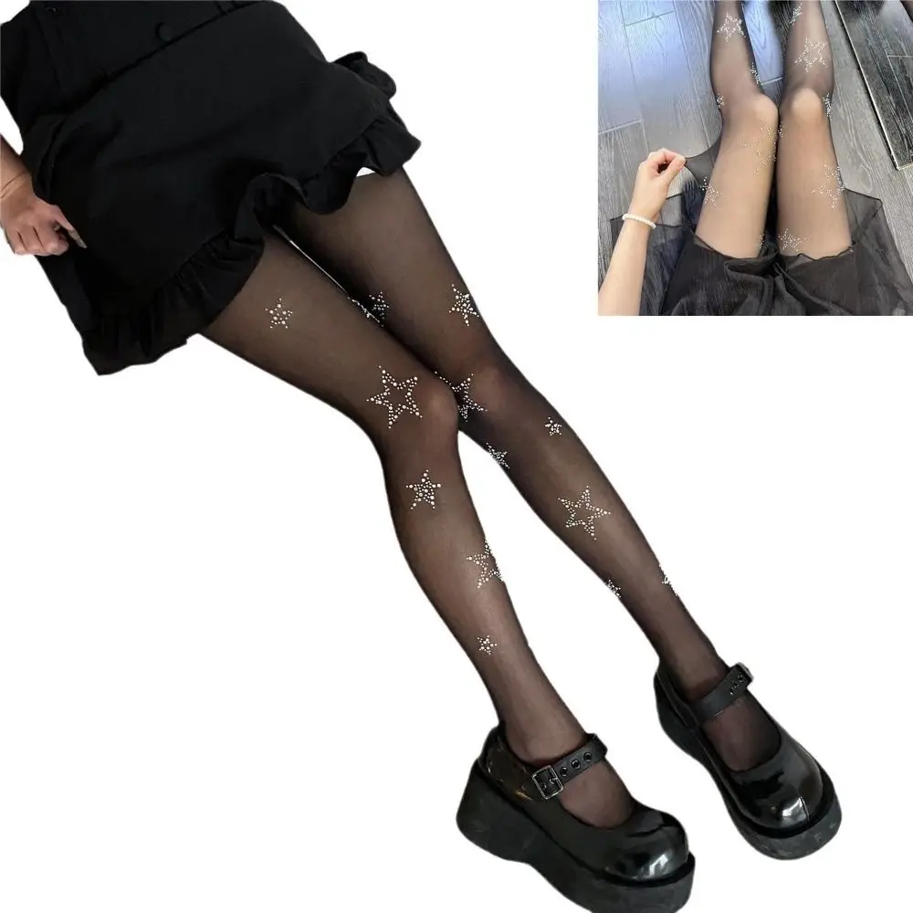 

High Elasticity Diamond Star Stockings Breathable Black Color Thigh High Stocking Y2K Style Rhinestone Rhinestone Pantyhose