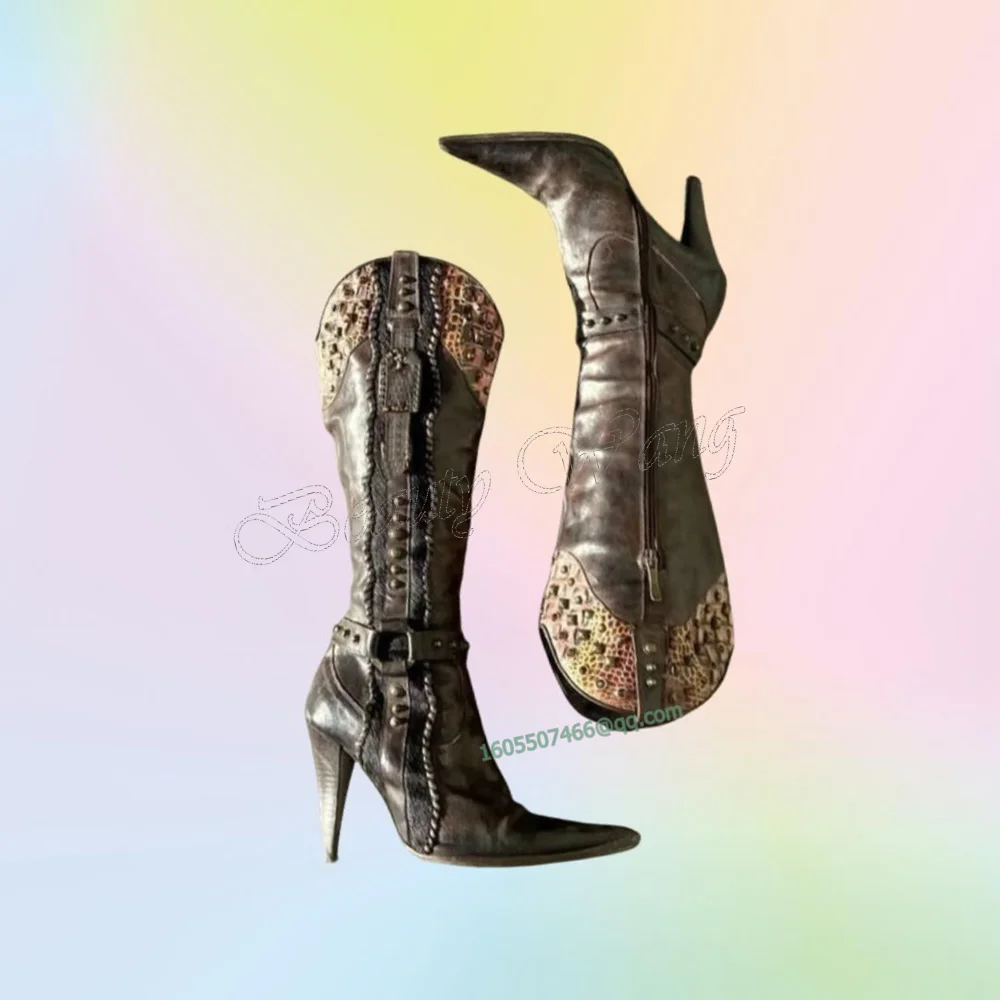 

Brown Spike Heel Alligator Boots Belt Decor Side Zipper Shoes for Women Thin High Heels Shoes New Arrival Zapatos Para Mujere