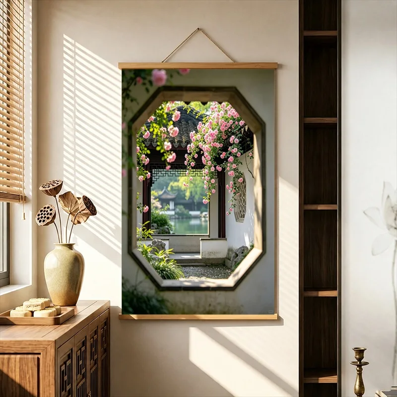 Wall Art Flowering Garden Windows and Quiet Courtyards, Pearlescent Canvas Hanging Scroll for Boutique Guesthouse Interior Decor