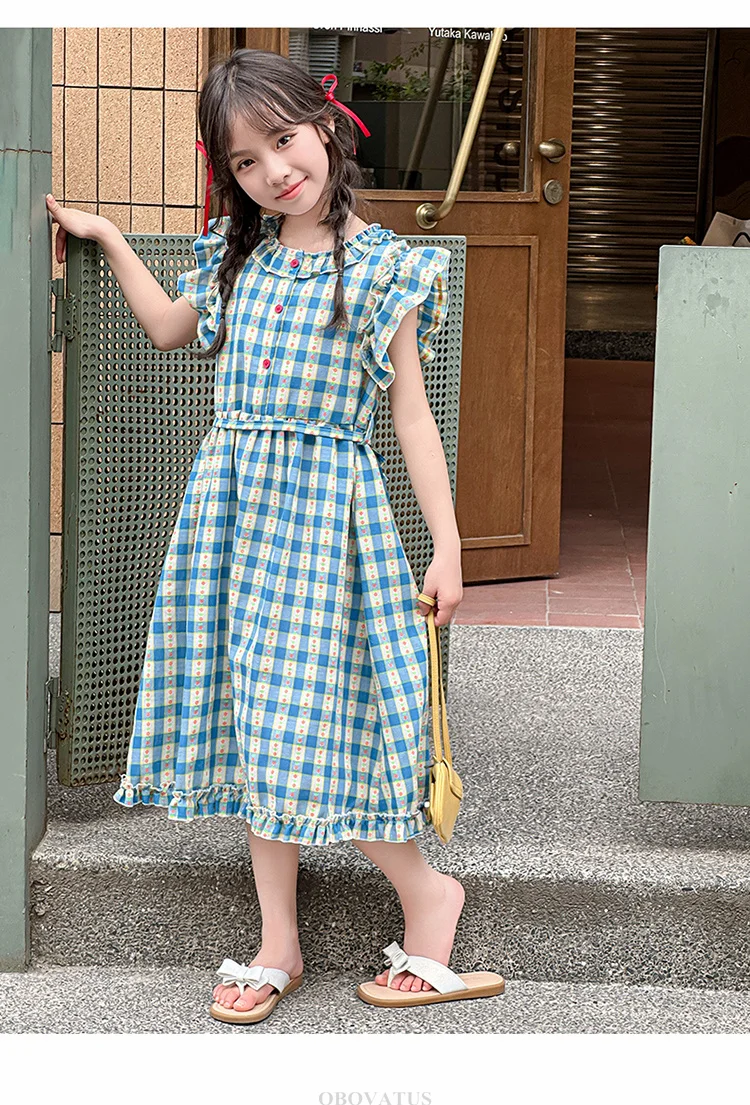 Preppy-Stil Kinder Babyblau Kariertes Kleid mit Blütenärmeln für Mädchen A-Linien-Schulkleider für Teenager Neue Sommerkleidung – Detail 12