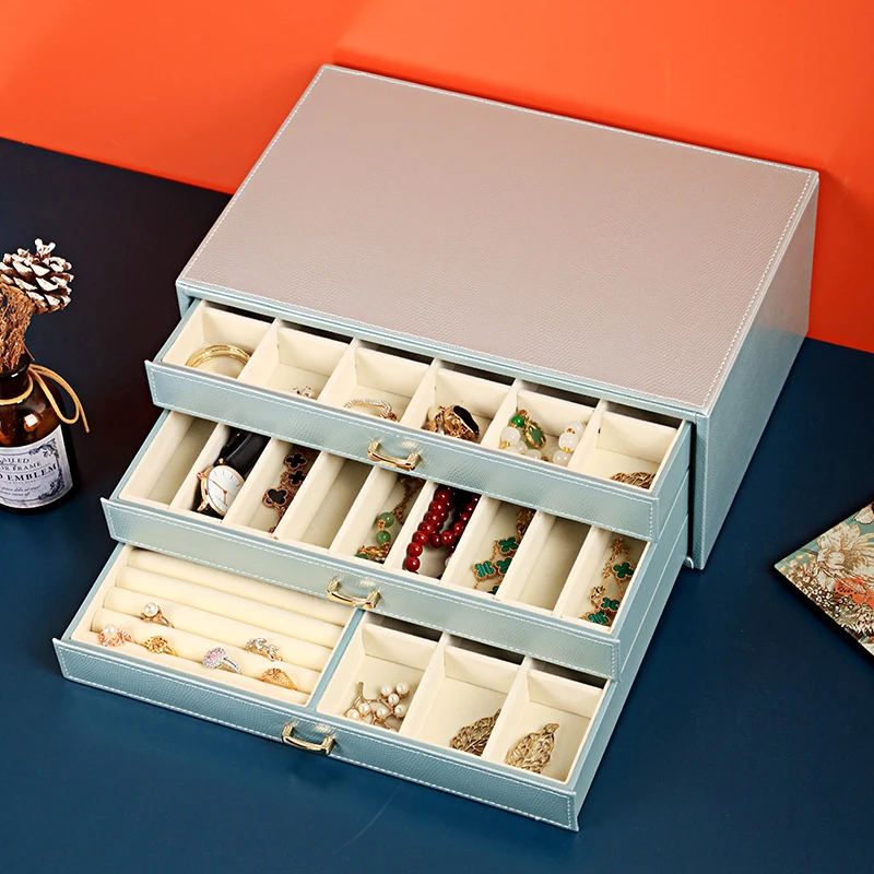 PU Jewelry Organizer with 3 Drawers Jewelry Storage Collection Box for Earring Ring Necklace Watch