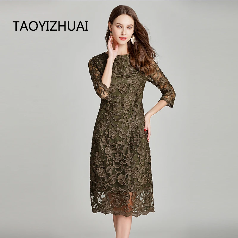 

Vintage Lace Dress for Women Large Size Three Quarter Sleeves Loose Elegant Flower Print Lace New Arrival Women's Dress 11644