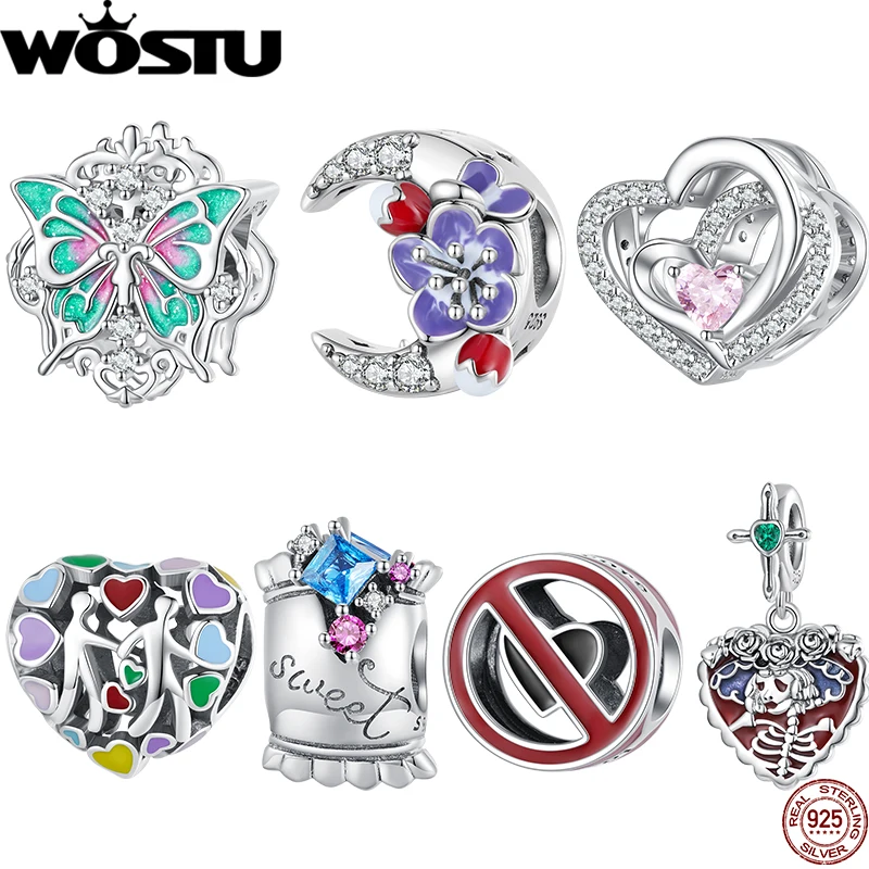 

WOSTU 925 Sterling Silver Colorful Heart Charm Skull Lady Moonlight Flower Bead Fit Original Bracelet DIY Making Jewelry Gift