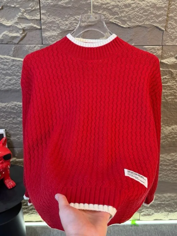 

Новый мужской приталенный свитер из трикотажа класса люкс с высоким воротником, красными вставками, базовый, повседневный, осенний, 2026 года