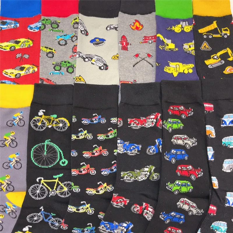 1Pair Adult Size Mid Calf Crew Racing Car Socks Motorcycle Electric Excavator Bulldozer Bicycles Vehicle Cotton Happy Funny Sox