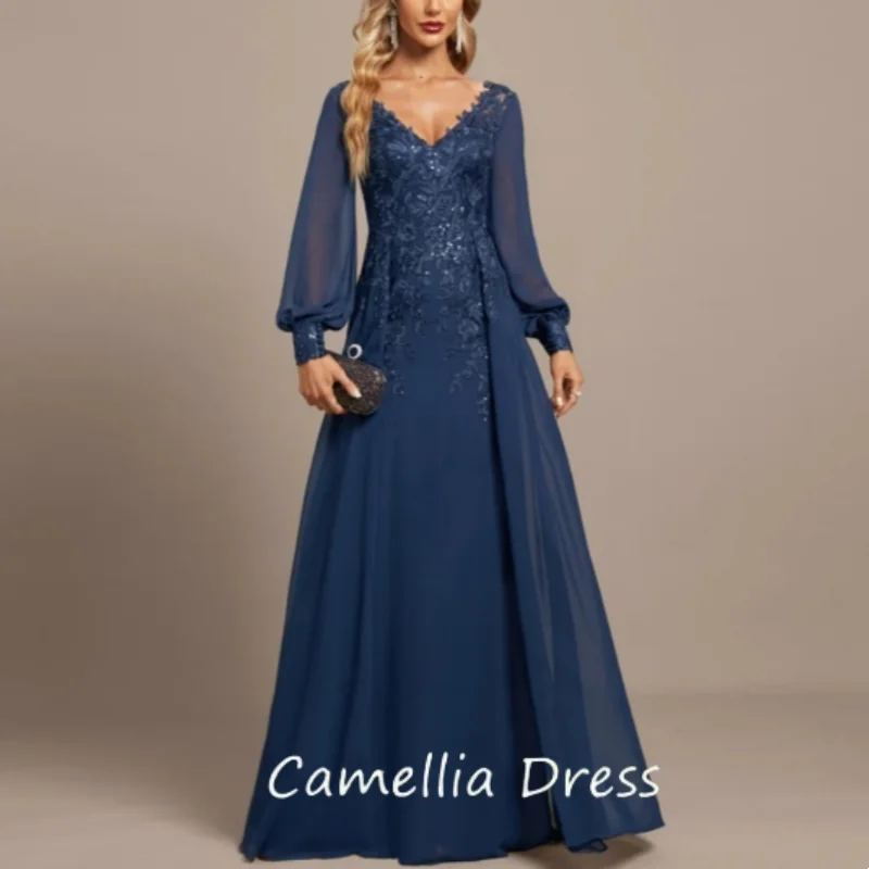 A-Line Full Sleeve Sequined Lace Appliques Formal Evening Dress Modern Chiffon Navy Blue Mother of the Bride Dresses V-Neck Gown