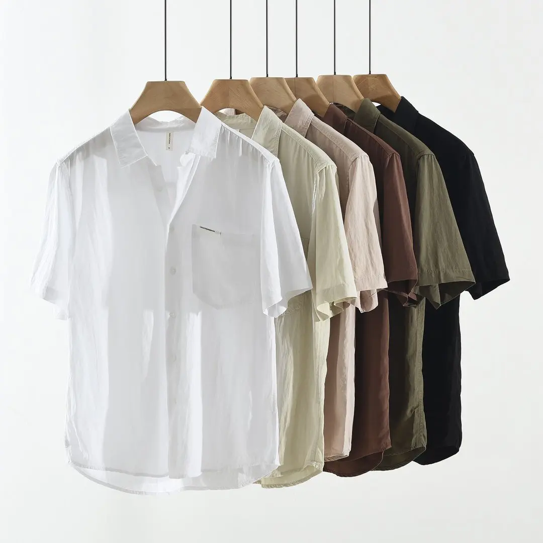 

2026 New Solid Short Sleeve Shirt for Men Casual Turn-down Collar Loose Thin Shirts Male Fashion Office Work Men's Shirts