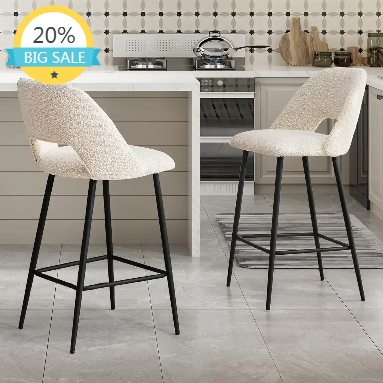 

Бестселлер: Набор из 2 барных стульев Boucle 27 дюймов, мягкие стулья для барной стойки с открытой спинкой, современные барные стулья для кухни