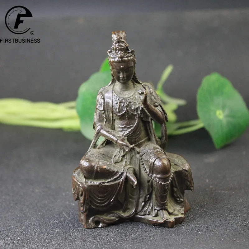 Antique Copper Bench Guanyin Bodhisattva Statue Desktop Ornament Buddha Figurines Lucky Feng Shui Home Decors Crafts Accessories