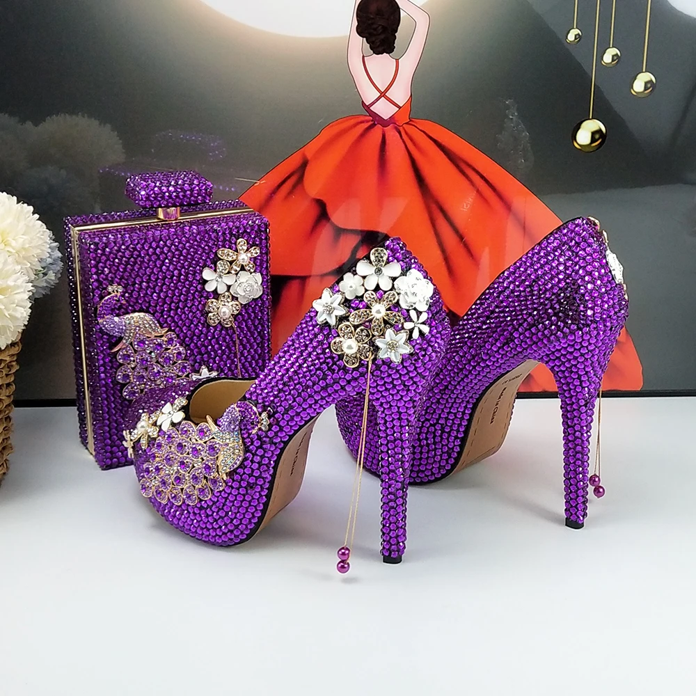 Purple Crystal Bridal Wedding shoes and bag Woman Thin Heel High Pumps Party Evening shoes Shallow Platform shoes