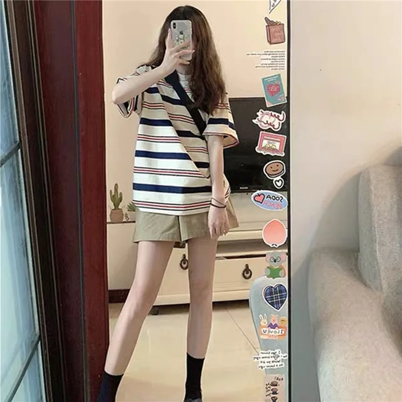 American Style Striped Loose Sleeveless Women's T-shirt Unique Design Summer Fashion Top Quality Polyester And Spandex