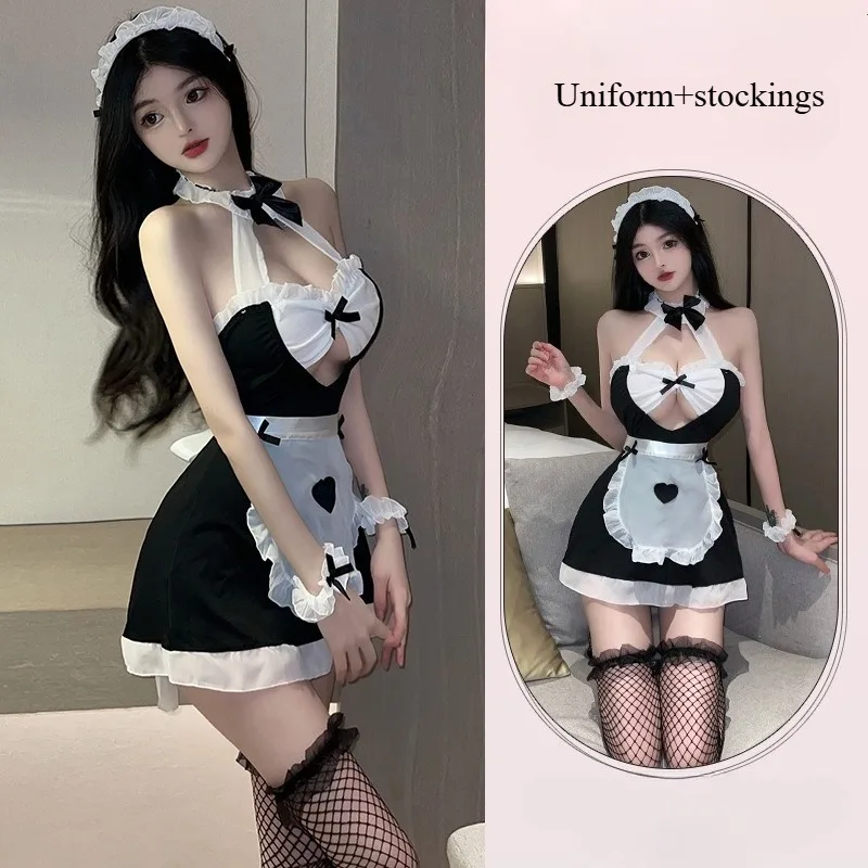 Uniforme de lencería Sexy para mujer, cama caliente coqueta seductora, sin quitarse, traje de sirvienta hueca expuesta apasionada
