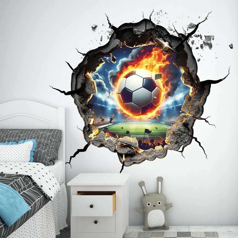 30x60cm Firepower Football Hole Breaking Wall Sticker Soccer Match Celebration Wall Decor Sport Boy Happy Birthday Party Decors