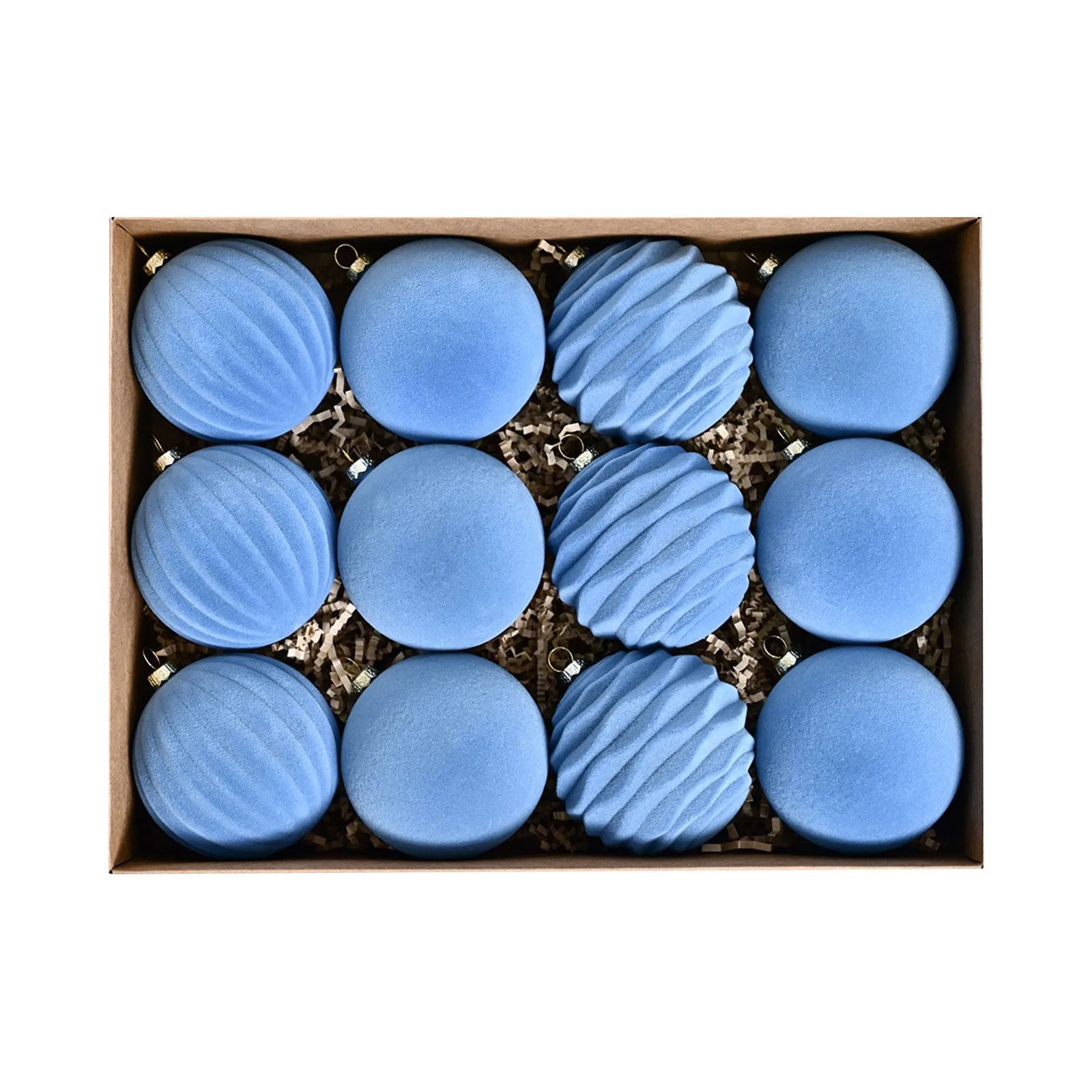 Image of Weihnachtskugel-Ornament, himmelblau, 8 cm, 12-teiliges Set, beflocktes Samtmaterial, verschiedene Texturen, Design, festliche Weihnachtsbaumdekoration
