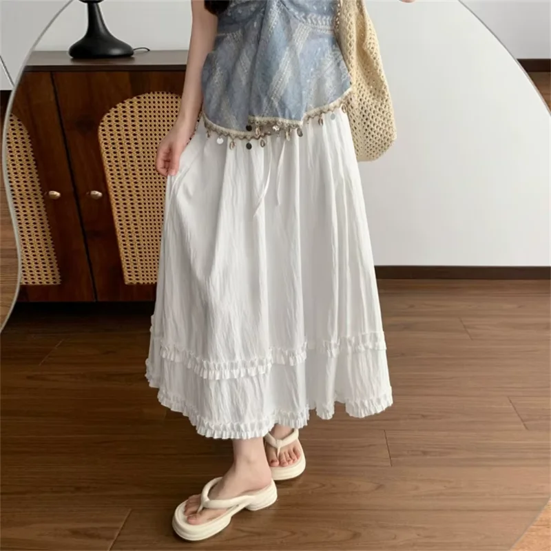 High Waist A Line Yellow Long Skirt Spring Summer Beach Skirts Women's Casual Solid Color Ruffles Maxi Skirt Elastic