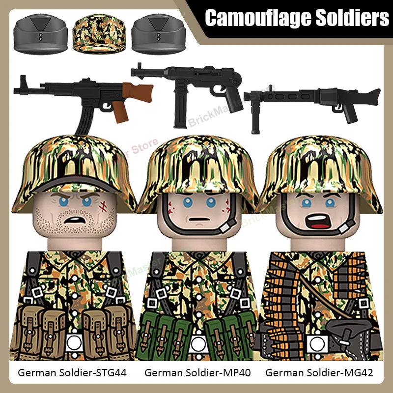 

WW2 Military Camouflage Soldier Figures Building Blocks Army German Combat Infantry Gear STG44 MP40 MG42 Helmet DIY Bricks Toys