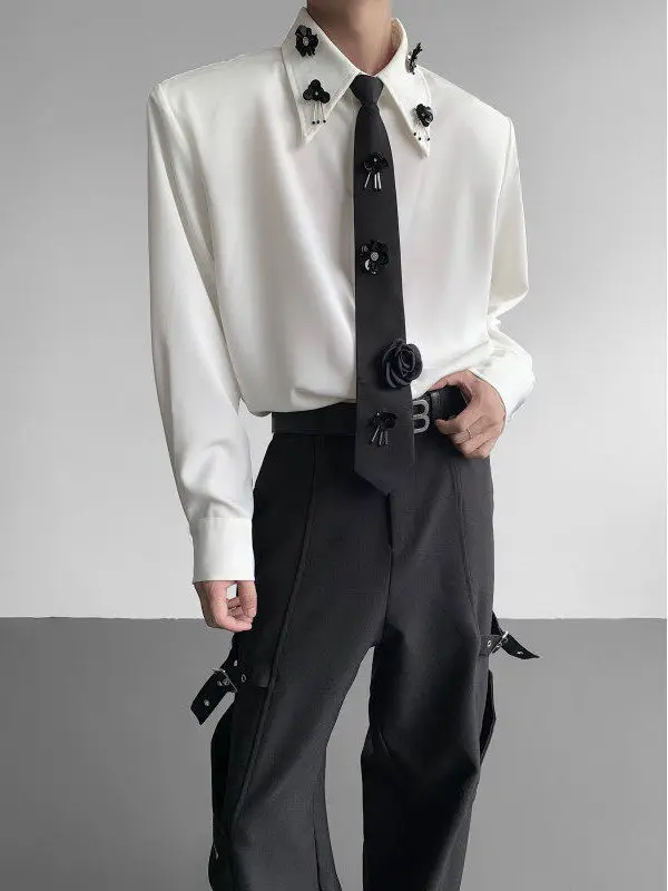 

Men's Long Sve irt with Tie Padded oulder Autumn Faion Urban Sle Breathable Polyester Fabric Floral Pattern Casual...