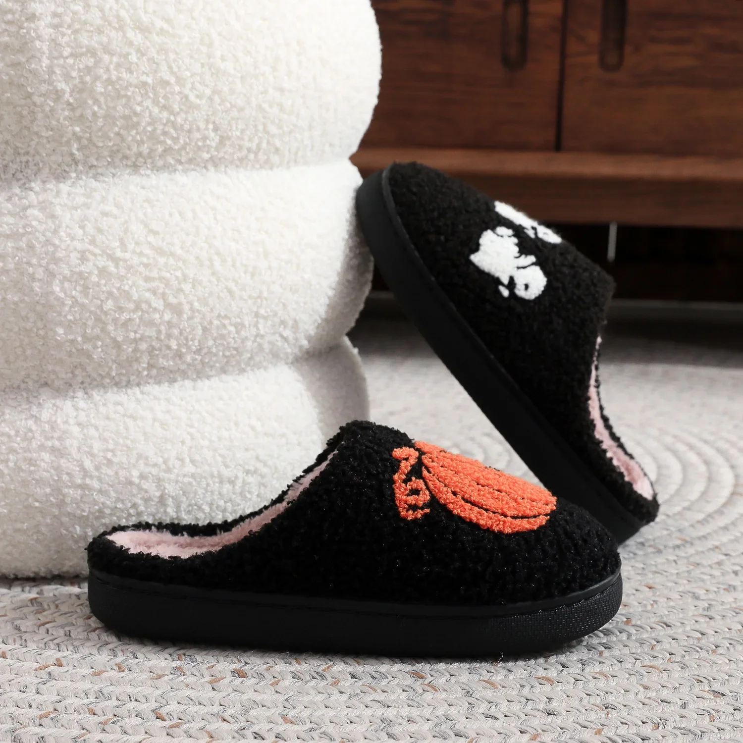 Men's Unisex Halloween Cartoon Ghost Pumpkin Spider Plush Cotton Slippers, Autumn Winter Lightweight Non Slip Plus Size Indoor