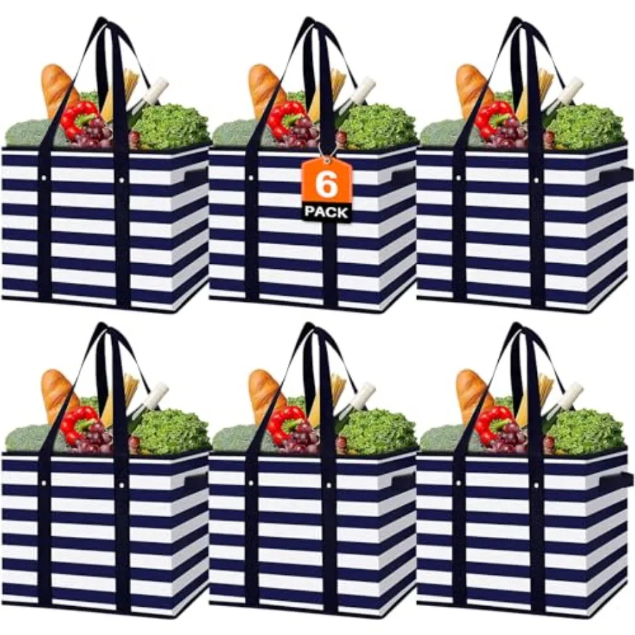 

6 Pack Reusable Grocery Bags Large Water Resistant Grocery Collapsible Heavy Duty Tote Bags for Shopping Picnic
