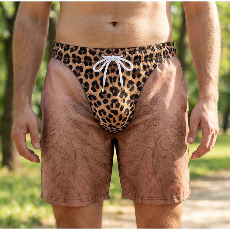 3D Print Hairy Legs Leopard Print Swim Trunks for Men Funny Optical Illusion Beach Shorts Quick Dry Novelty Shorts for Summer