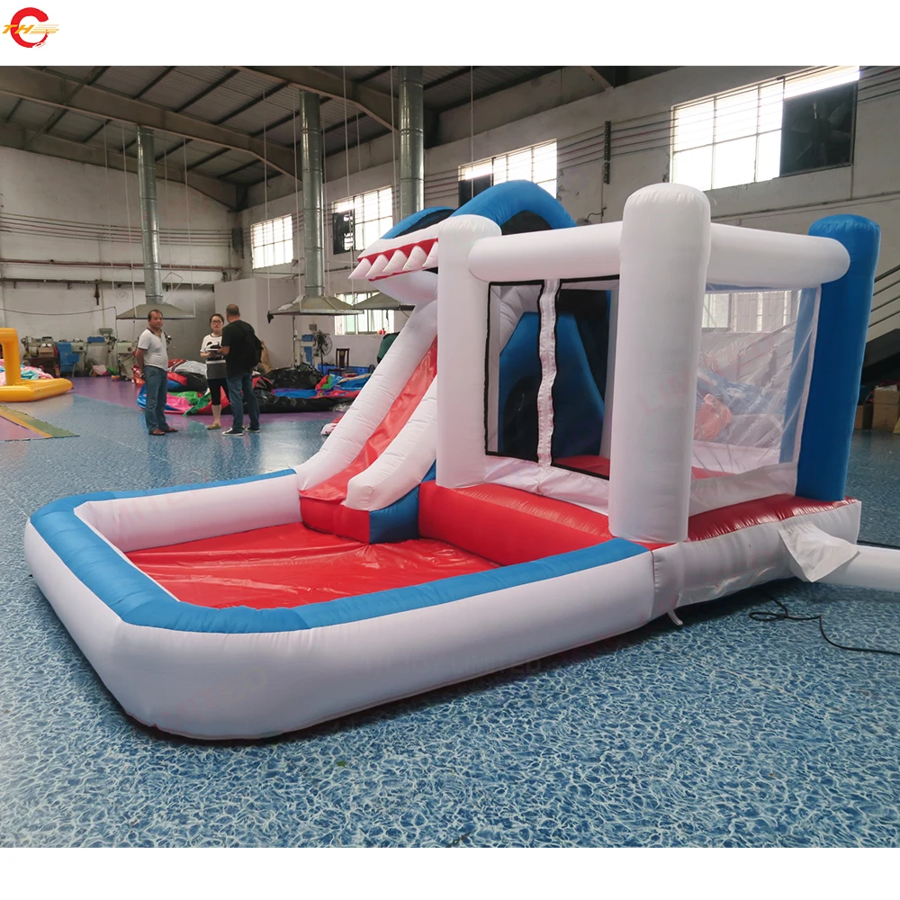 Snelle Verzending 4.8x2.8x2.2mH Haai Springkussen met Ballenbad Waggel Thuisgebruik Oxford Stof Shark Bounce huis