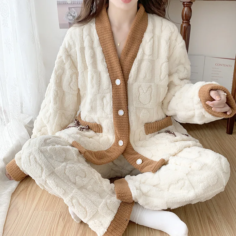 

Large Size Autumn Winter Warm Pajamas Set Women Thickened Flannel Long Sleeve Cardigan Trousers Homesuit Loose Fat Mm Loungewear