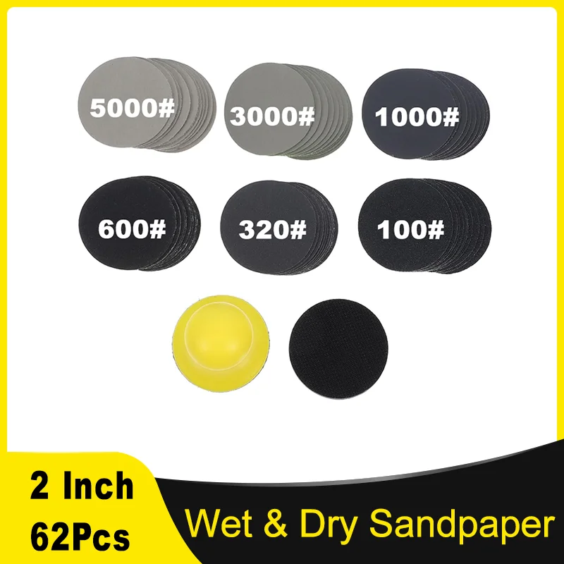 

2-дюймовый 50-миллиметровый набор влажной и сухой наждачной бумаги, 62 шт., зернистость 100-5000 с интерфейсной подушечкой и подложкой для транспортных средств, дрелей, ручной работы