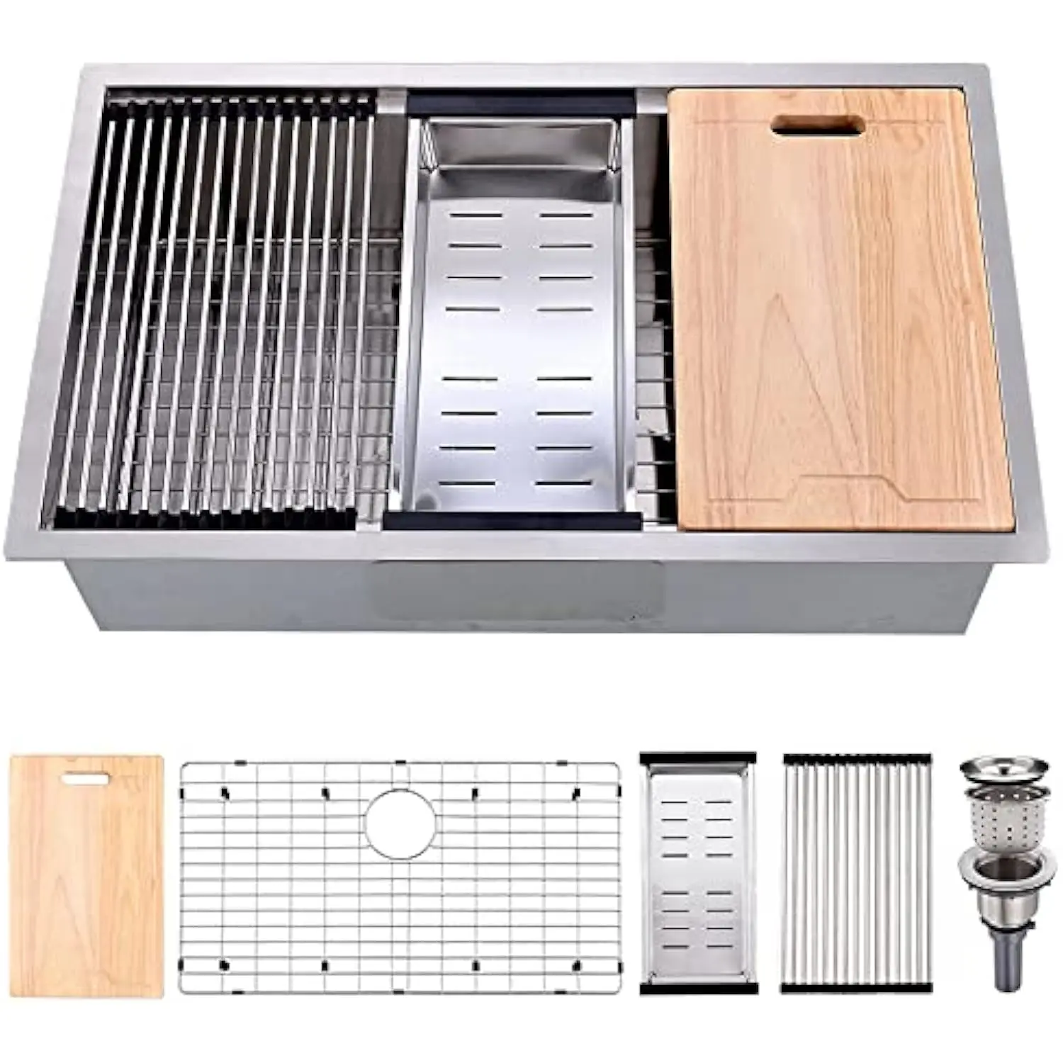 

32-Inch Undermount Workstation Kitchen Sink Single Bowl 16 Gauge Stainless Steel Kitchen Sink Handmade R10 Deep Basin