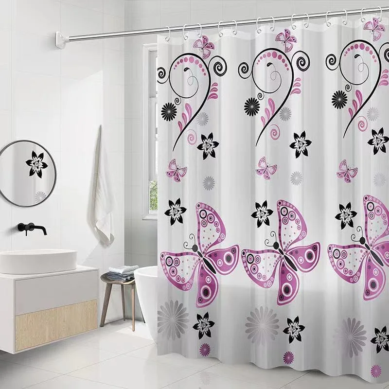 

Beautiful Butterfly Shower Curtain – Pink & Black Floral Pattern, Elegant Bathroom Decor with Artistic Design, Waterproof Fabric
