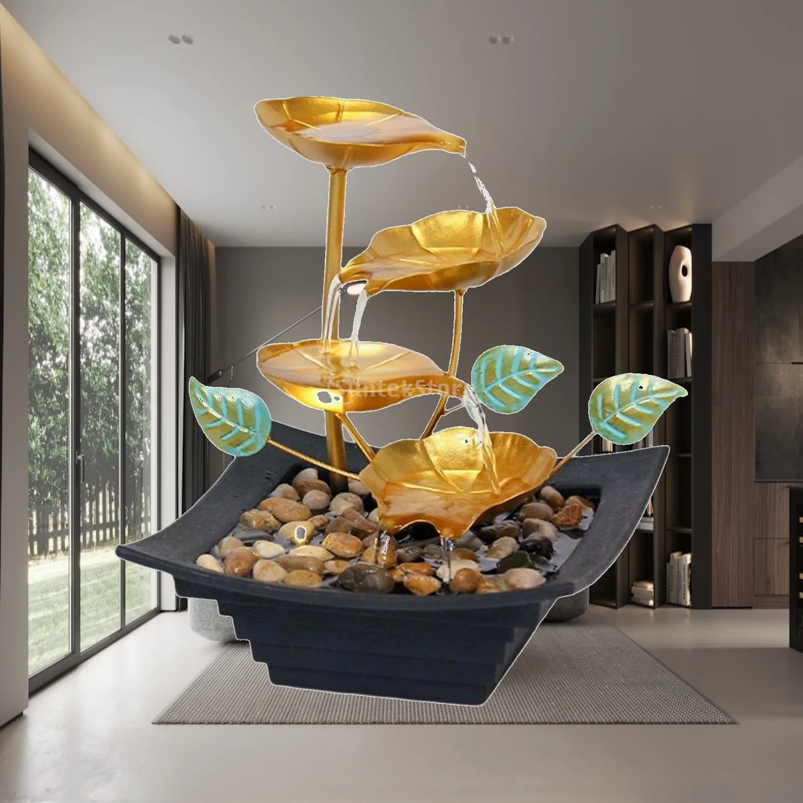 Zen Tabletop Water Fountain Indoor LED Cascade Flowing Water Decorative Ornament for Yoga Meditation Room Office Home Decor