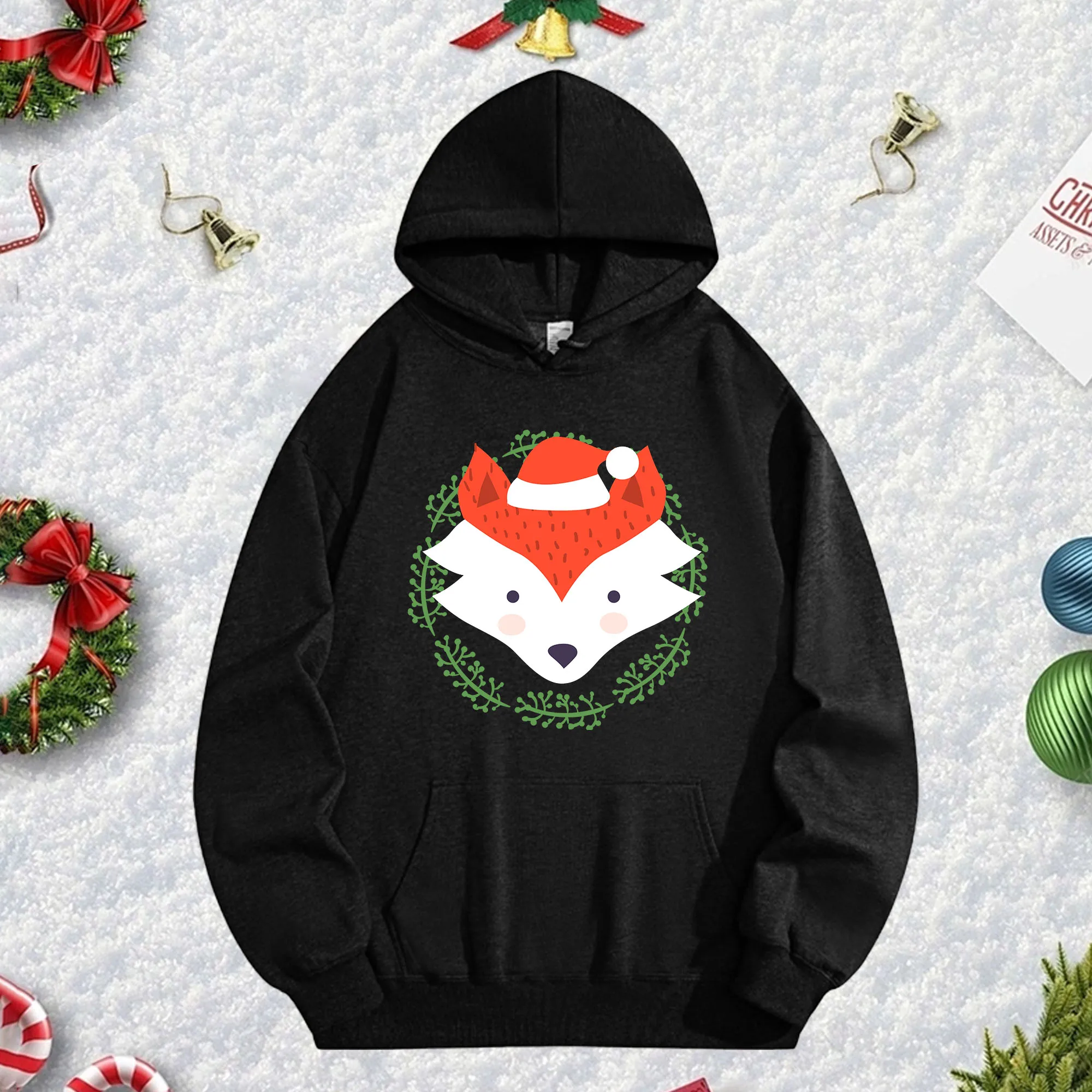 

Рождественская черная толстовка Snow Fox 270 г для мужчин и женщин, уютный флисовый пуловер большого размера на осень/зиму, Рождество, Новый год