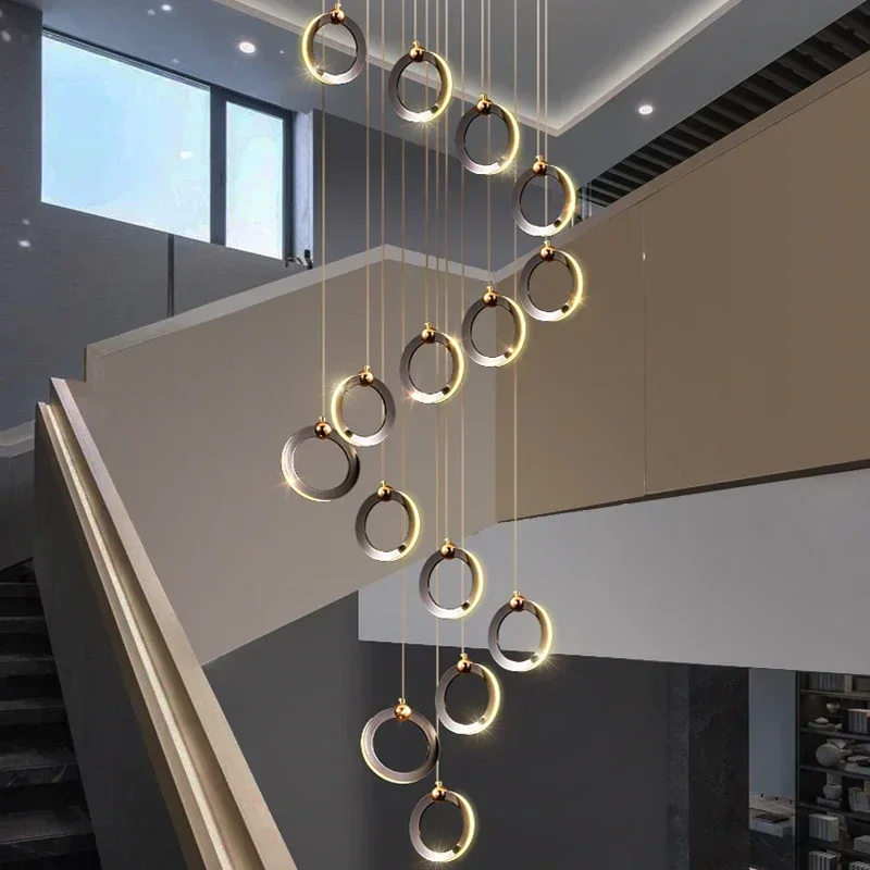 Modern Shiny Black Ring Led Pendant Light Living Room Chandelier Lighting Duplex Villa Lampara Stair Loft Hanging Lamp Luminaria