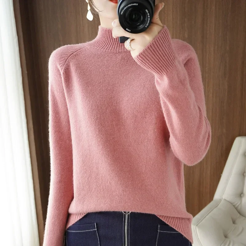 2024 Autumn Winter Thick Warm Sweater Women Half High Collar Cashmere Sweater Korean Solid Green Casual Basic Pullover Knitwear