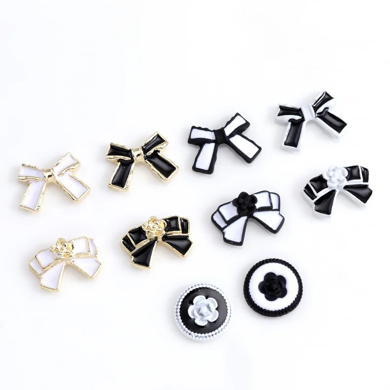 10PCS French Small Fragrance Nail Art Decorations Alloy Elegant Black White Craft Nail Charms Parts Camellia Bowtie Accessories