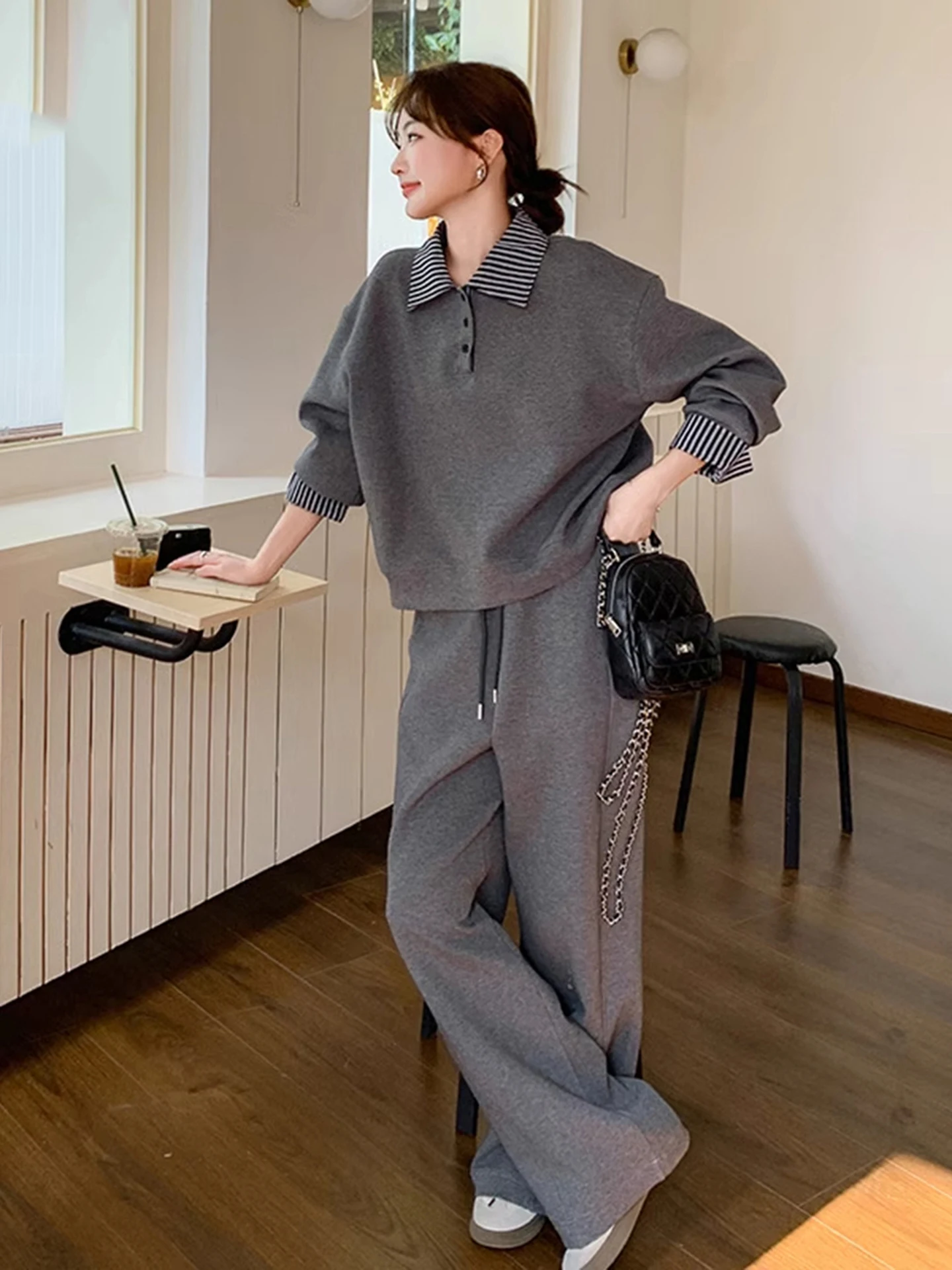 Gray Casual Sporty Two-Piece Set for Women Autumn 2026 Fashionable Sweatshirt Wide Leg Pants Chic Korean Style Polyester Fiber