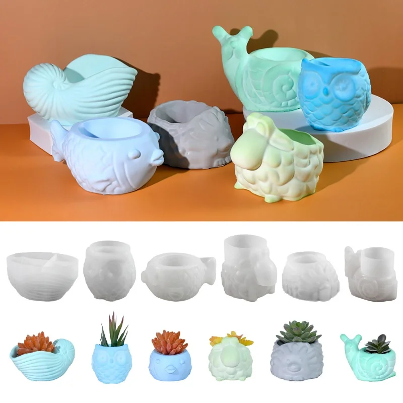 New DIY Animal Flower Pot Gypsum Silicone Mold Multiple Creative Succulent Plant Pot Cement Resin Molds Crafts Decor Accessories