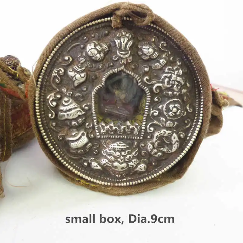 TGB081 Tibet Old Brass Round Prayer box Tibetan Buddhist Buddha Amulet Bag Eight Auspicioius(Babao)