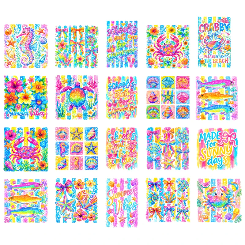 Summer Beach ocean Style Vinyl Heat Transfer Stickers, Mixed Color Decorative Decals, Suitable for DIY T-Shirts and Pillows
