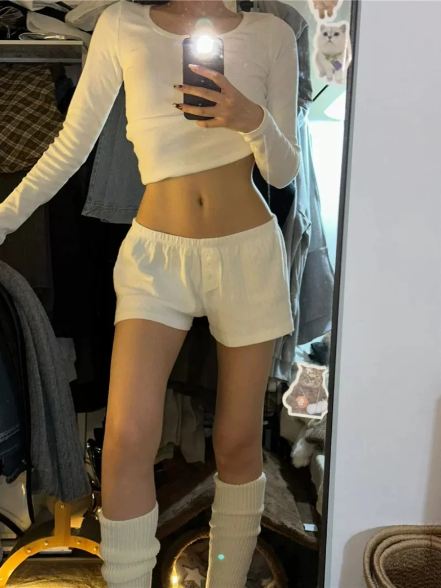 Women's Long Sleeve Cotton T-Shirt Spring Autumn Summer Elastic Shorts Four Corners Set Button up round Neck Short Length