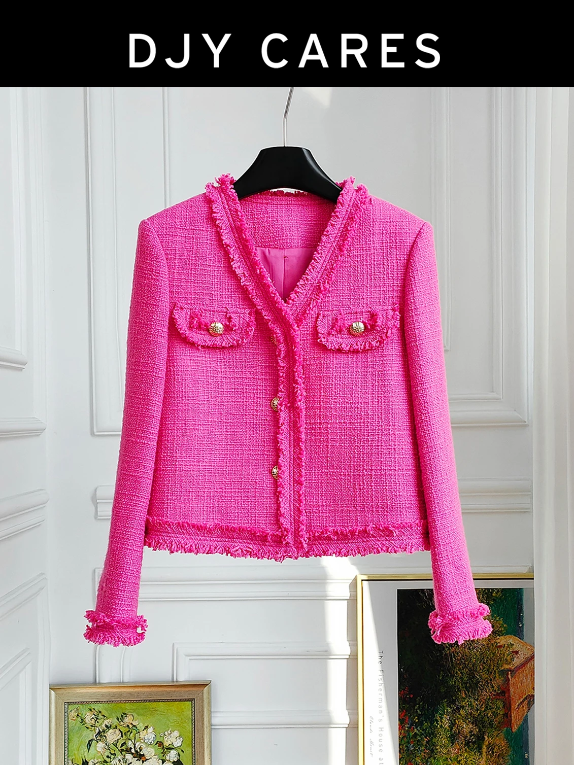 

New rose red Bold woolen fashionable jacket woven V-neck tassel top big size