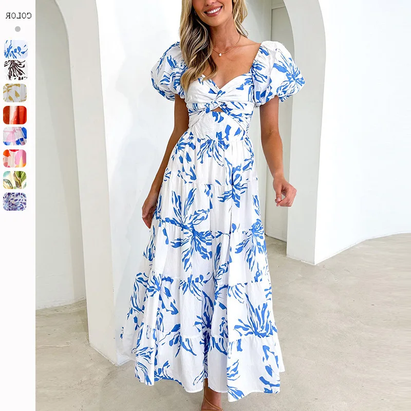 Spring/Summer New Style Slim Fit Printed Bubble Sleeves Large Display High end Dress for Women2024