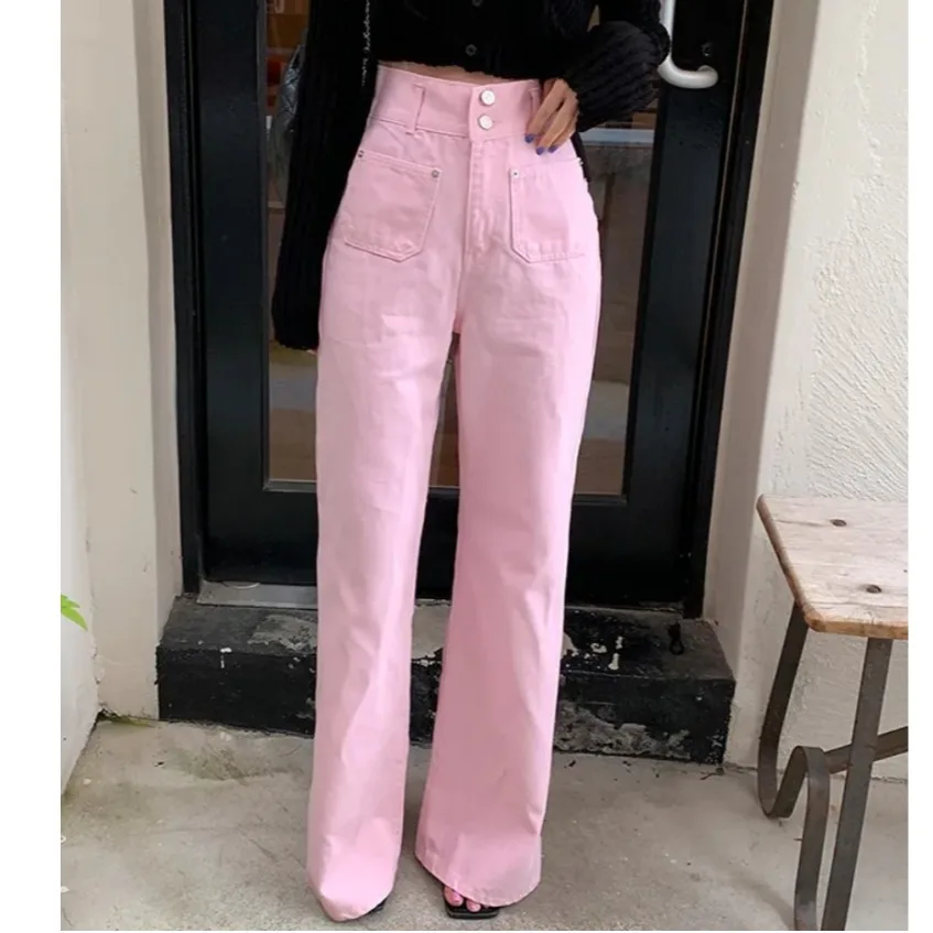 High Waist Bell Bottom Denim Jeans Long Pants Trousers with Buckle Casual Cotton Non-Stretch High Elasticity Standard Fit