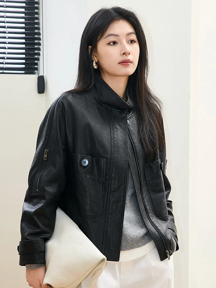 

Casual Black Genuine Leather Jackets for Women Spring Autumn High-end Simple Stand Collar Adjustable Waist Real Sheepskin Coat