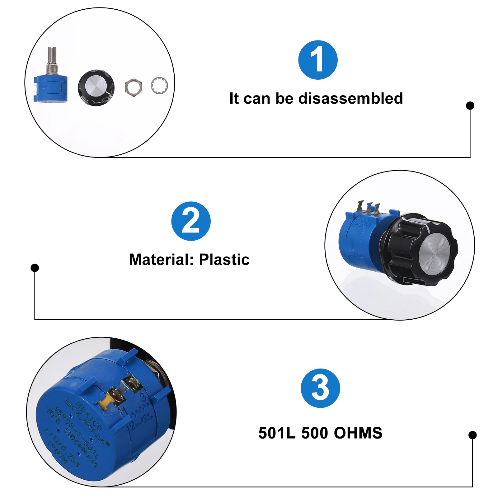 

2pcs Rotary Wire Wound Precision Potentiometer 501L 500 A03 Knob Motor Speed Control Tool Plastic Trimmer Resistor