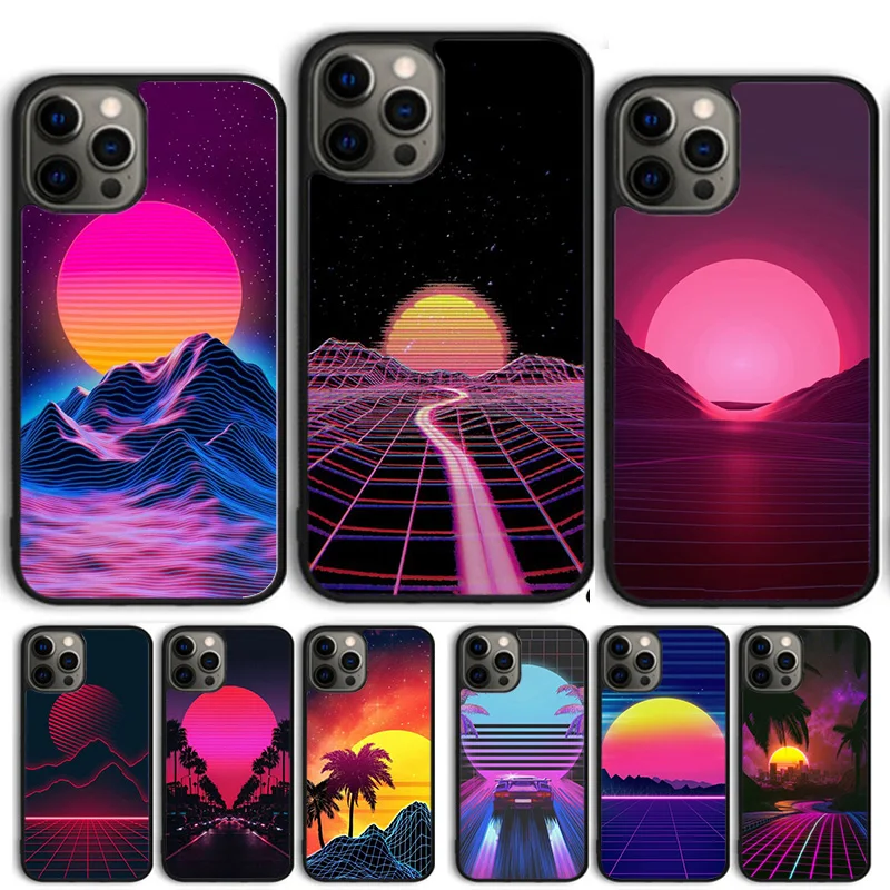 Synthwave Sun Neon 80's Phone Case Cover For iPhone 15 16 14 13 12 Pro Max mini 11 Pro Max XS X XR Plus Coque Shell